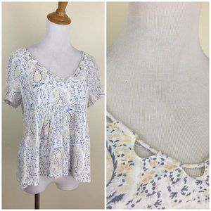 LUCKY BRAND White Blue Beige Paisley Print Cut Out Collar Short Sleeve Shirt